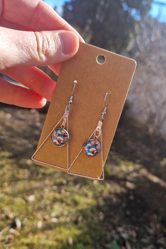 fülbevaló, rombusz, háromszög, virágminta, kézműves, nikkelmentes, nemesacél