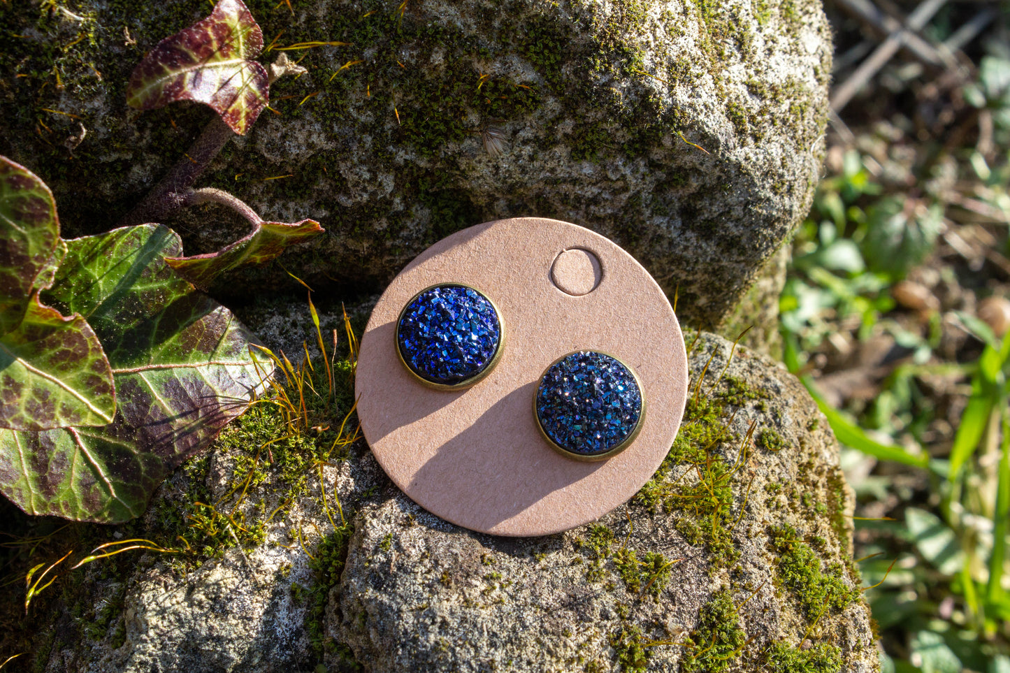 bronz, ezüst, fülbevaló, kék, druzi, cabochon