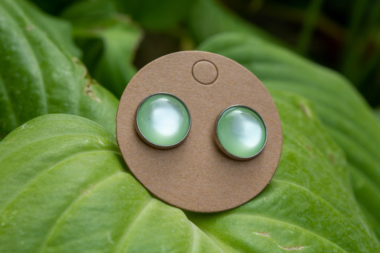 Világos zöld színű cabochon fülbevaló, választható arany színű, rosegold színű, vagy ezüst színű alapban. 12 mm-es átmérőjű, nikkelmentes, így nem bántja az arra érzékeyenk fülét.