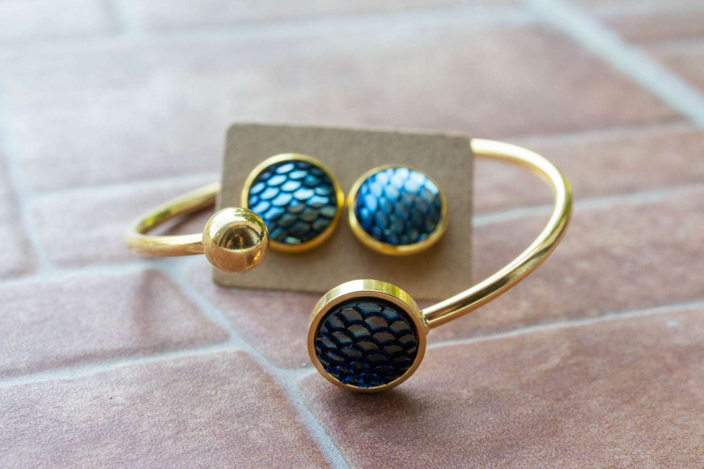 cabochon, kaboson, kaboshon, caboson, szett, fülbevaló, karkötő, nemesacél, , sötét kék, pikkelyminta