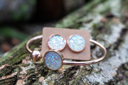 cabochon, kaboson, kaboshon, caboson, szett, fülbevaló, karkötő, nemesacél,  fehér