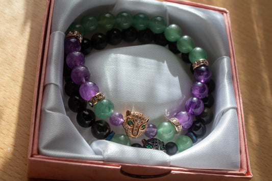 cirkónia, charm, fekete párduc, ametiszt, aventurin, fekete obszidián, ásvány karkötő, páros karkötő, kézműves ékszer, rondelle