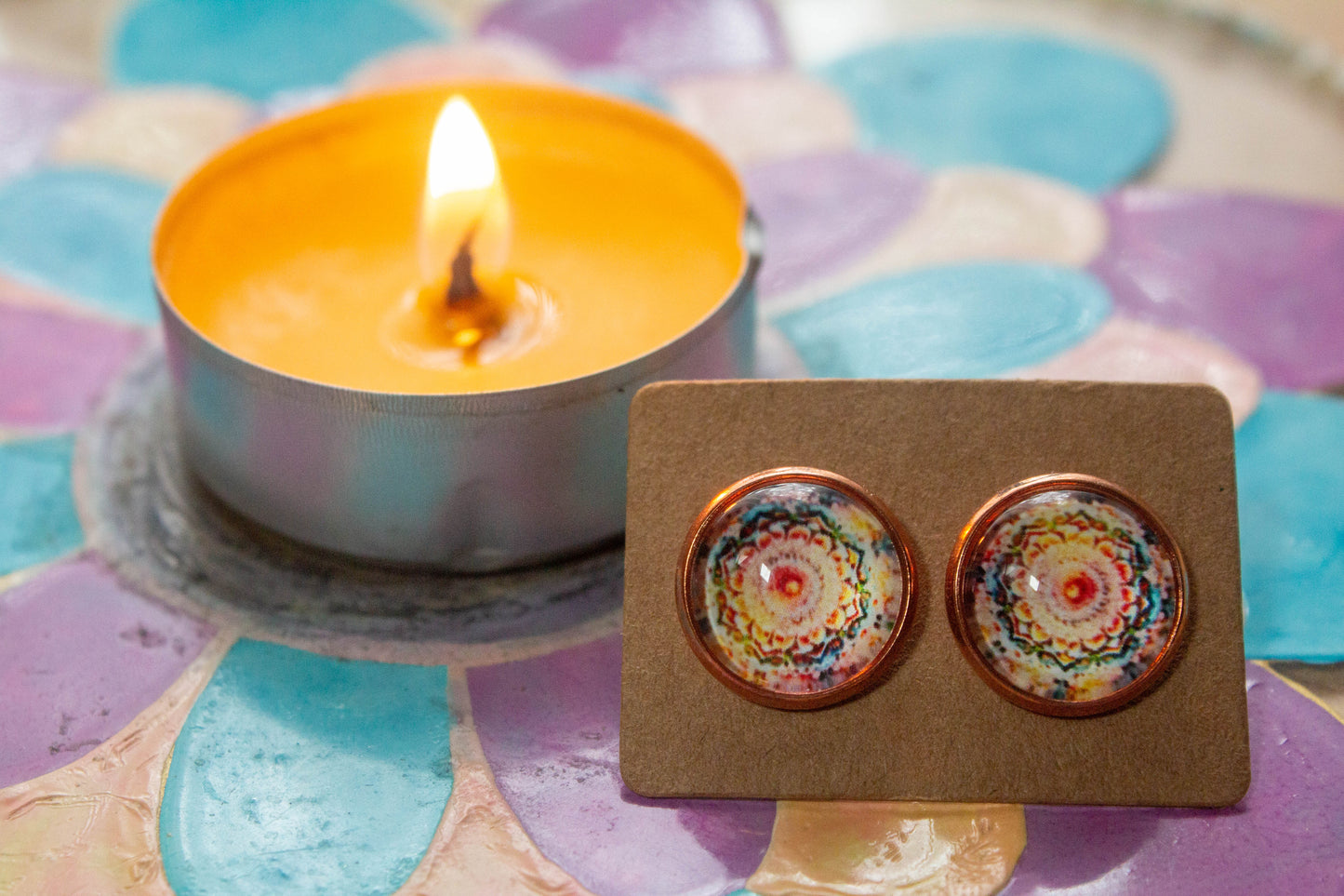 mandala minta, nikkelmentes, fülbevaló, kézműves, ajándék, spiritualitás