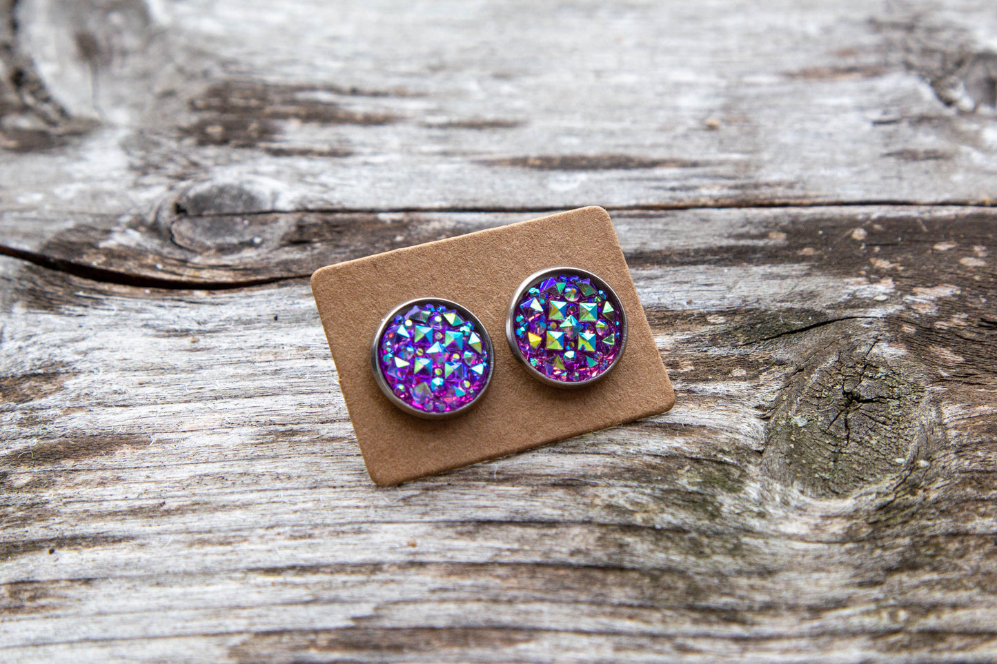 cabochon, kaboson, kabochon, caboson fülbevaló, kézműves, kézzel készült, 12mm, lila, druzi, rosegold, ezüst színű, Mónika Lilla Kincsestára, rosegold, arany színű, fülbevaló, pötty, pötty fülbevaló