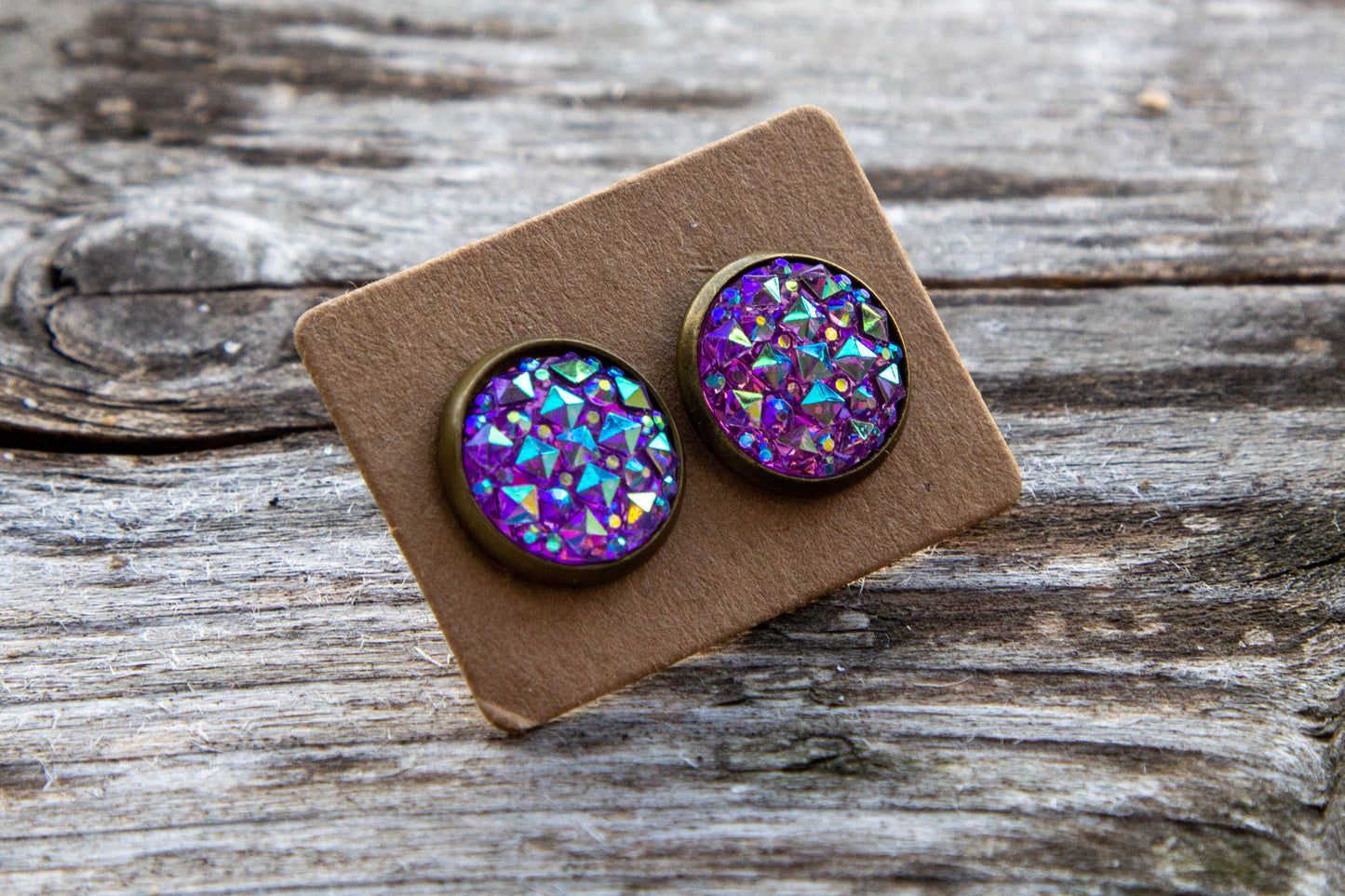 cabochon, kaboson, kabochon, caboson fülbevaló, kézműves, kézzel készült, 12mm, lila, druzi, rosegold, ezüst színű, Mónika Lilla Kincsestára, rosegold, arany színű, fülbevaló, pötty, pötty fülbevaló