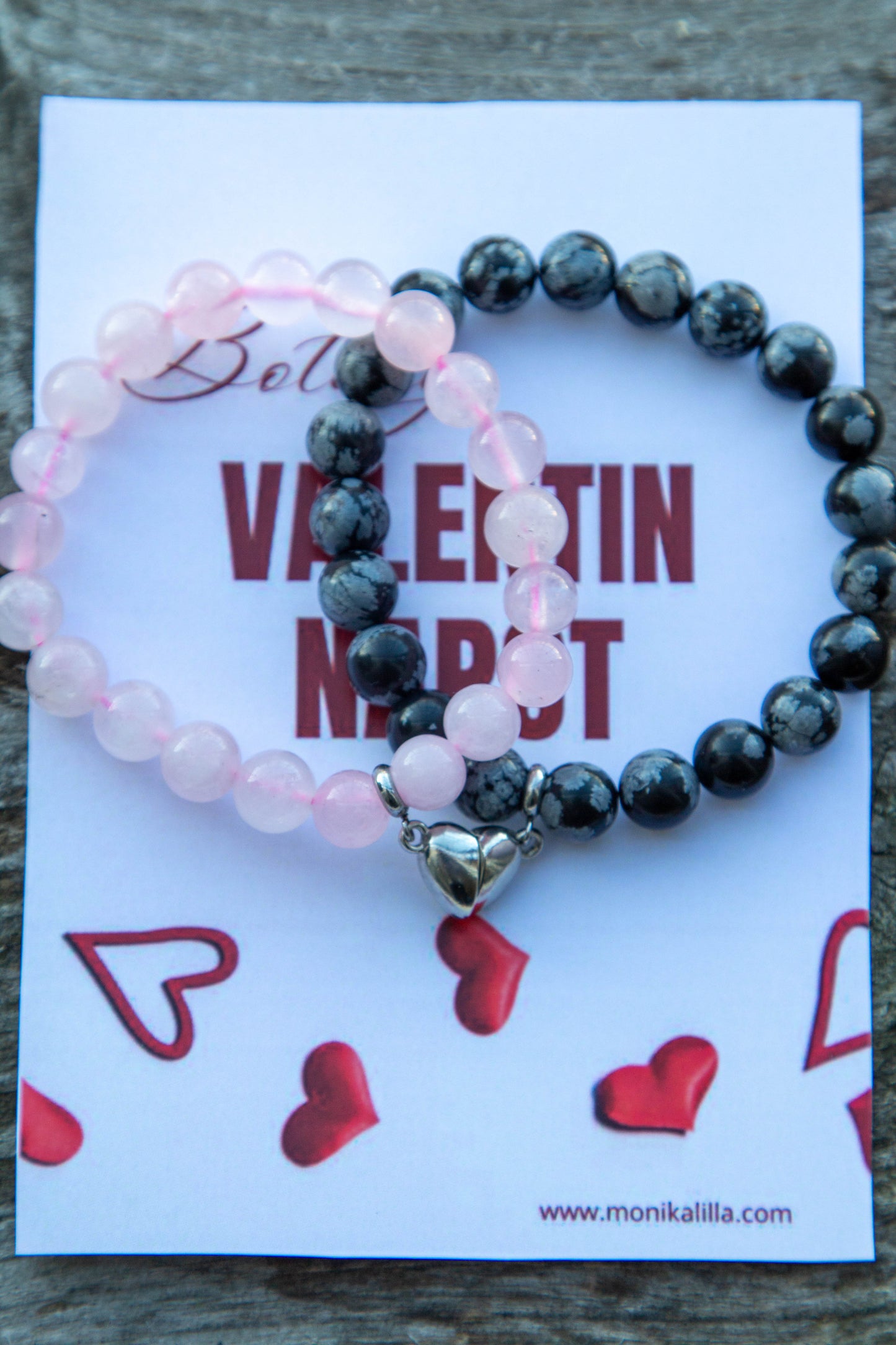 páros, karkötő, valentin nap, valentin napi ajándék, ajándékötlet, ötlet, meglepetés, piros, fekete, szív, szivecskés karkötő, ásvány, ásványkarkötő, rózsaszín, hópehely obszidián, rózsakvarc, szív, mágneses szív
