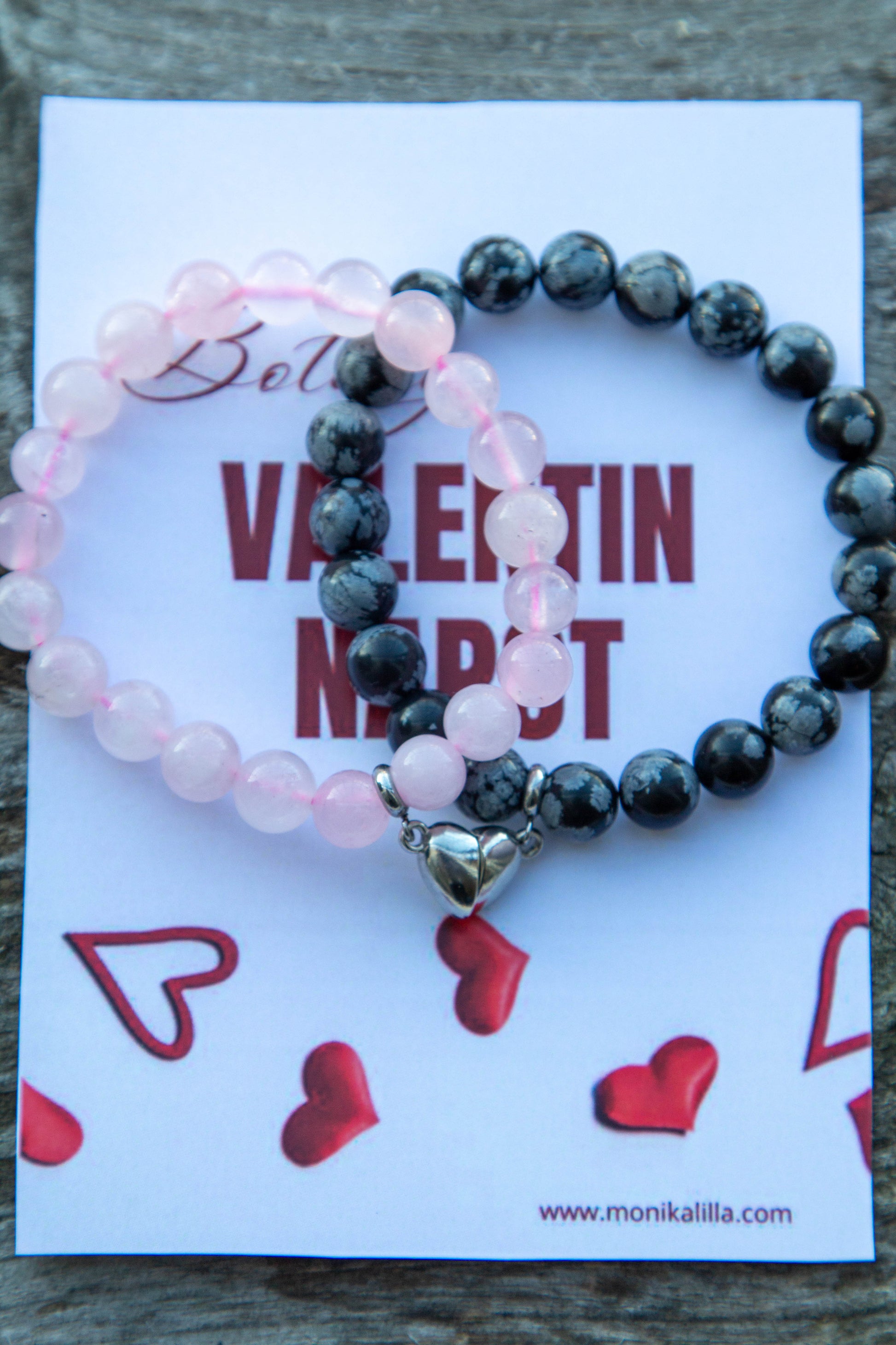 páros, karkötő, valentin nap, valentin napi ajándék, ajándékötlet, ötlet, meglepetés, piros, fekete, szív, szivecskés karkötő, ásvány, ásványkarkötő, rózsaszín, hópehely obszidián, rózsakvarc, szív, mágneses szív