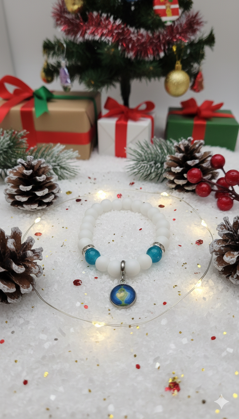 Grincs ékszer, Whoville karkötő, Karácsonyi Grincs ajándék, Zöld achát karkötő Grincs, Film ihlette karkötő