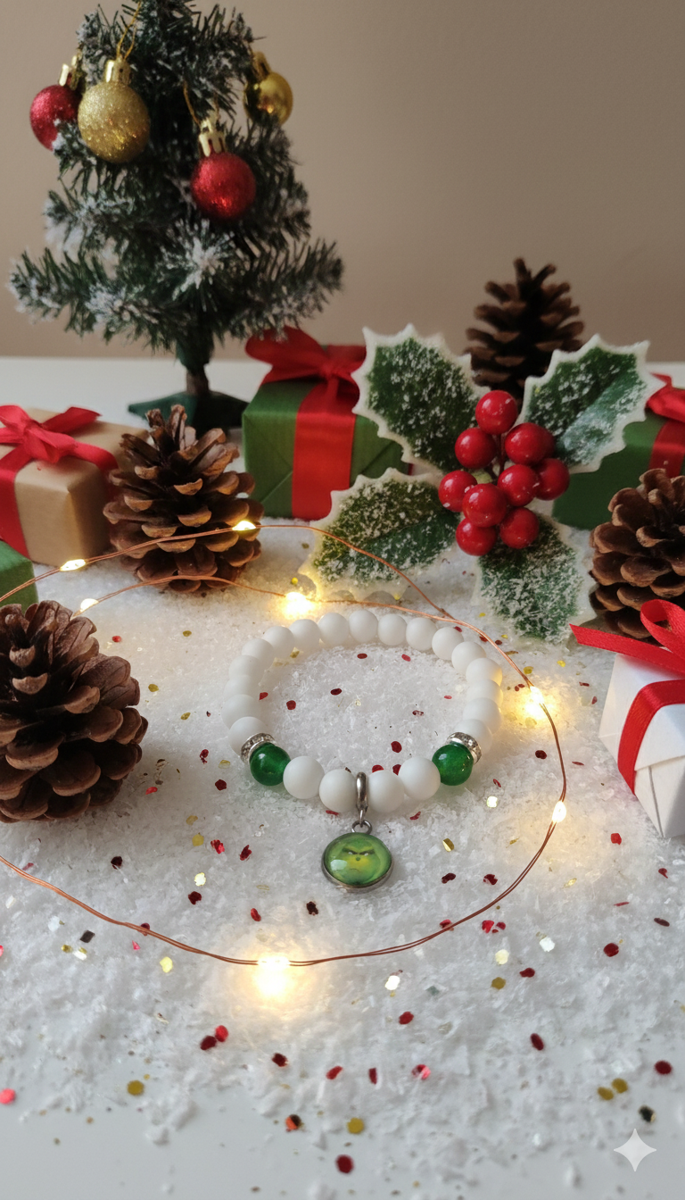 Grincs ékszer, Whoville karkötő, Karácsonyi Grincs ajándék, Zöld achát karkötő Grincs, Film ihlette karkötő