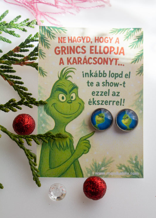 Grincs fülbevaló, kísértőkártyával. Nikkelmentes fülbevaló