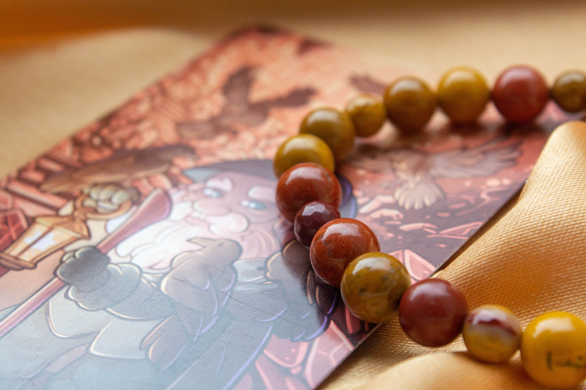 mokait és vörös jáspisból készült ásványkarkötő októberi tarot karkötő a remete, spirituális ékszer